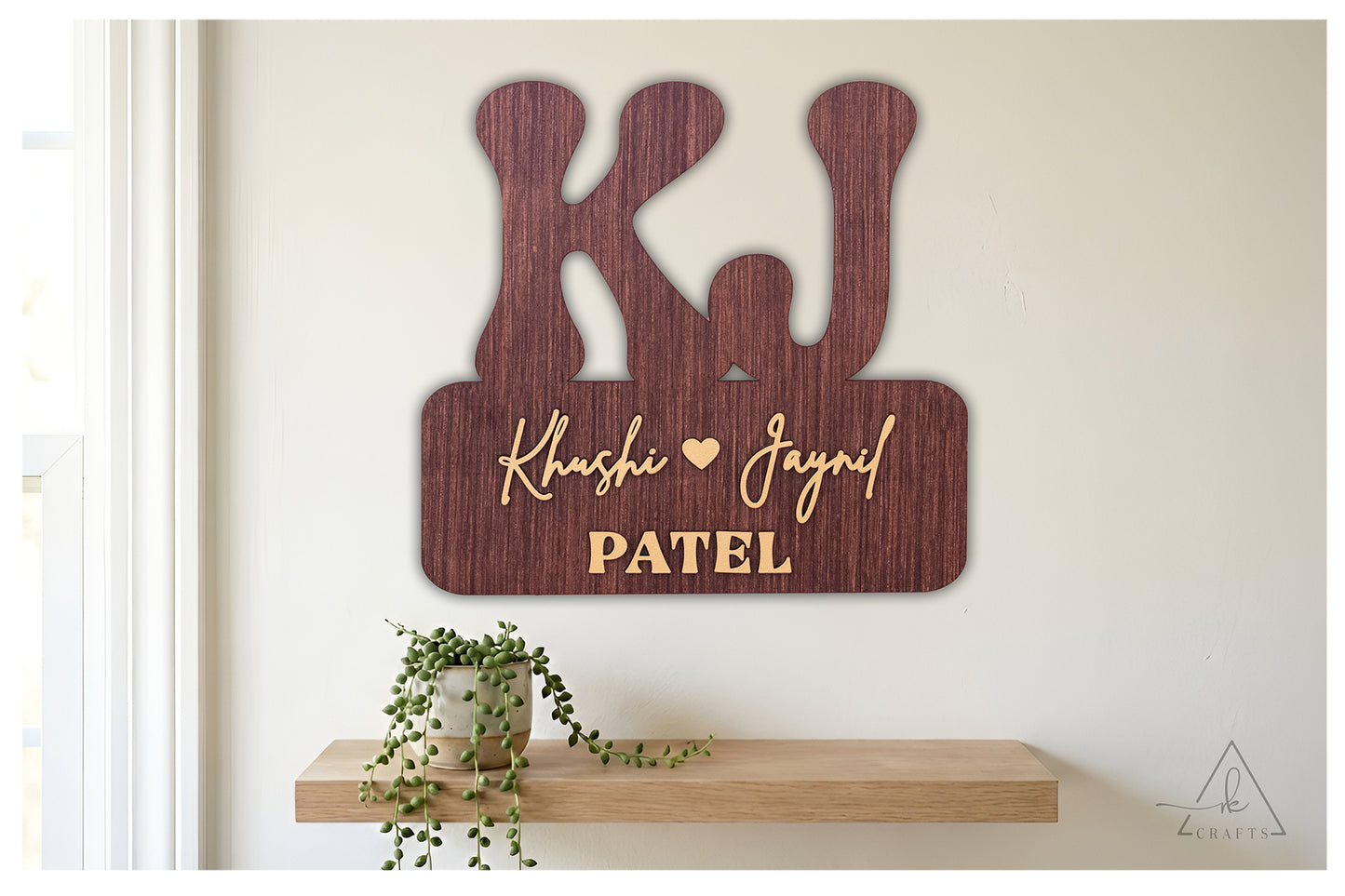 Bright, clear view of a personalized wooden established sign highlighting the premium raised 3D monogram and couple's names.