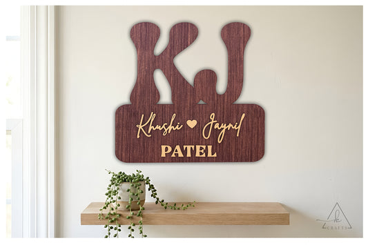 Bright, clear view of a personalized wooden established sign highlighting the premium raised 3D monogram and couple's names.