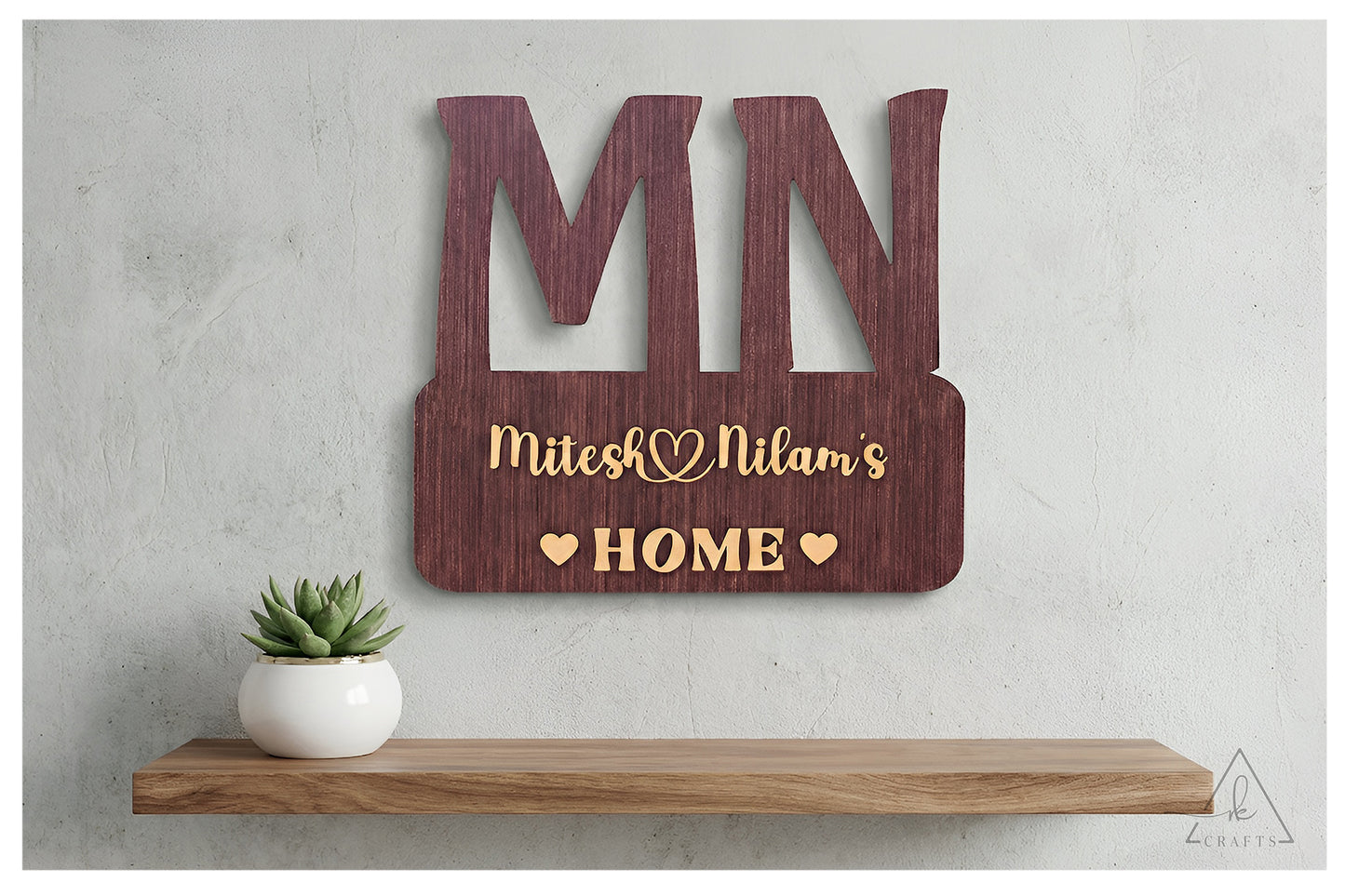 Clear and bright angle of a handcrafted laser-cut wood home nameplate for couples.