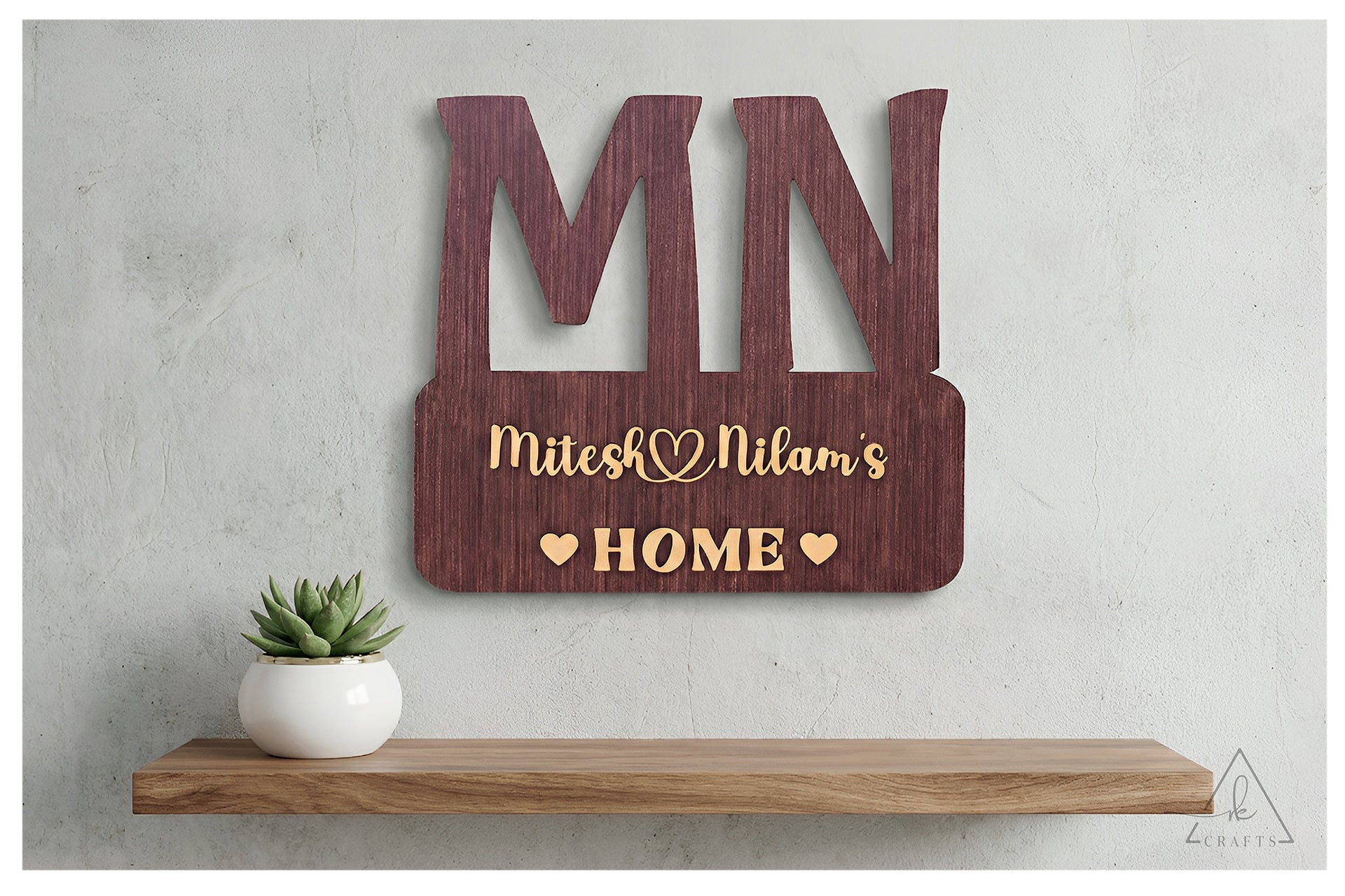 Clear and bright angle of a handcrafted laser-cut wood home nameplate for couples.