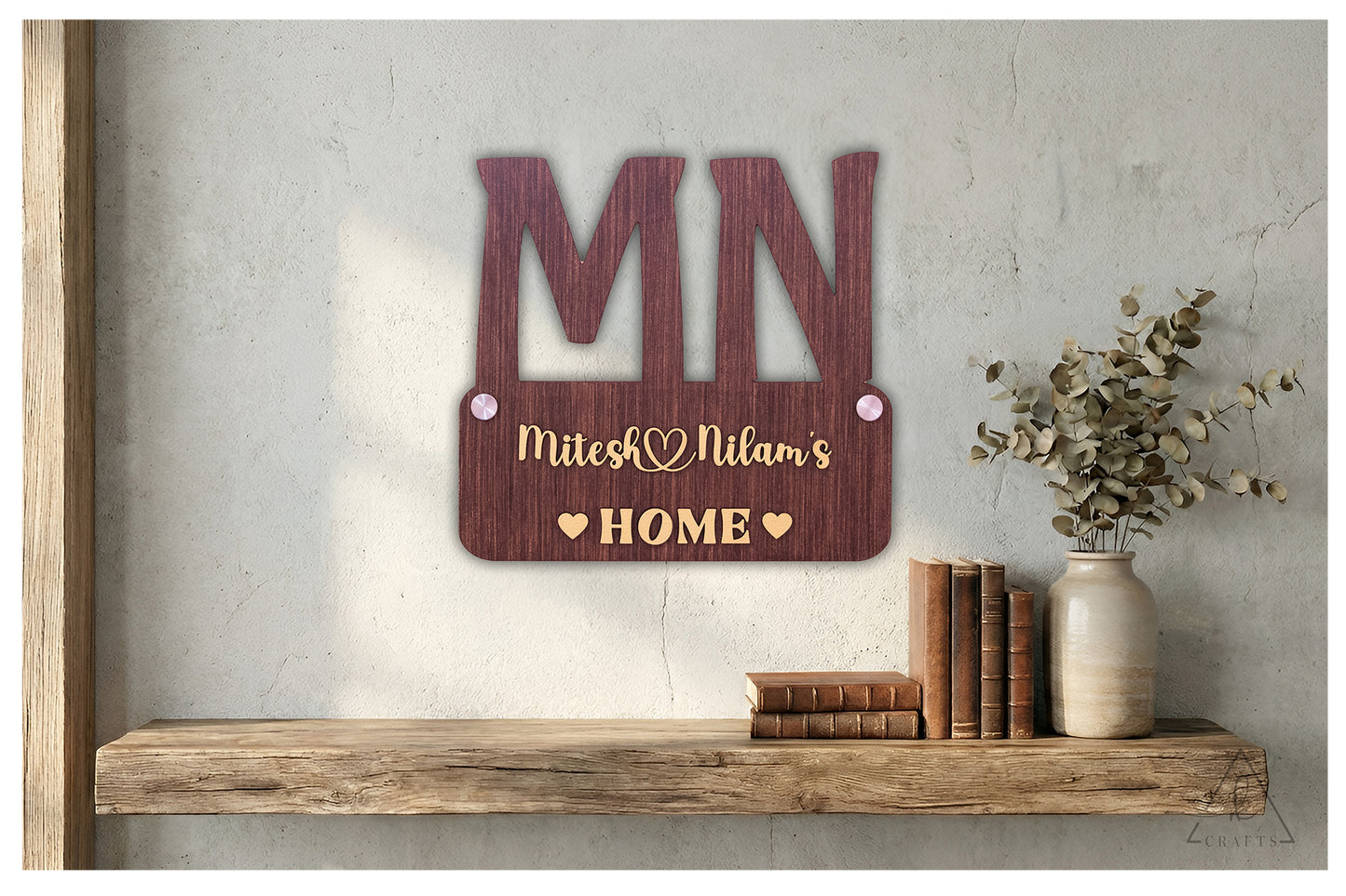 Individual product shot showing the vibrant 3D lettering of a wooden monogram couple sign.
