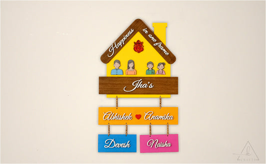 Handcrafted personalized wooden family nameplate featuring laser cut family silhouettes and Lord Ganesha.