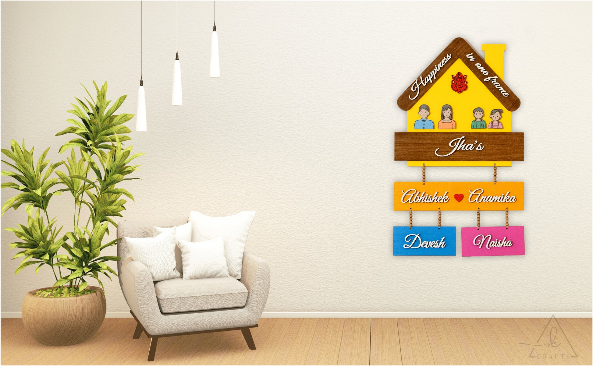 Custom wooden family entrance sign featuring personalized 3D laser-cut names and silhouettes.