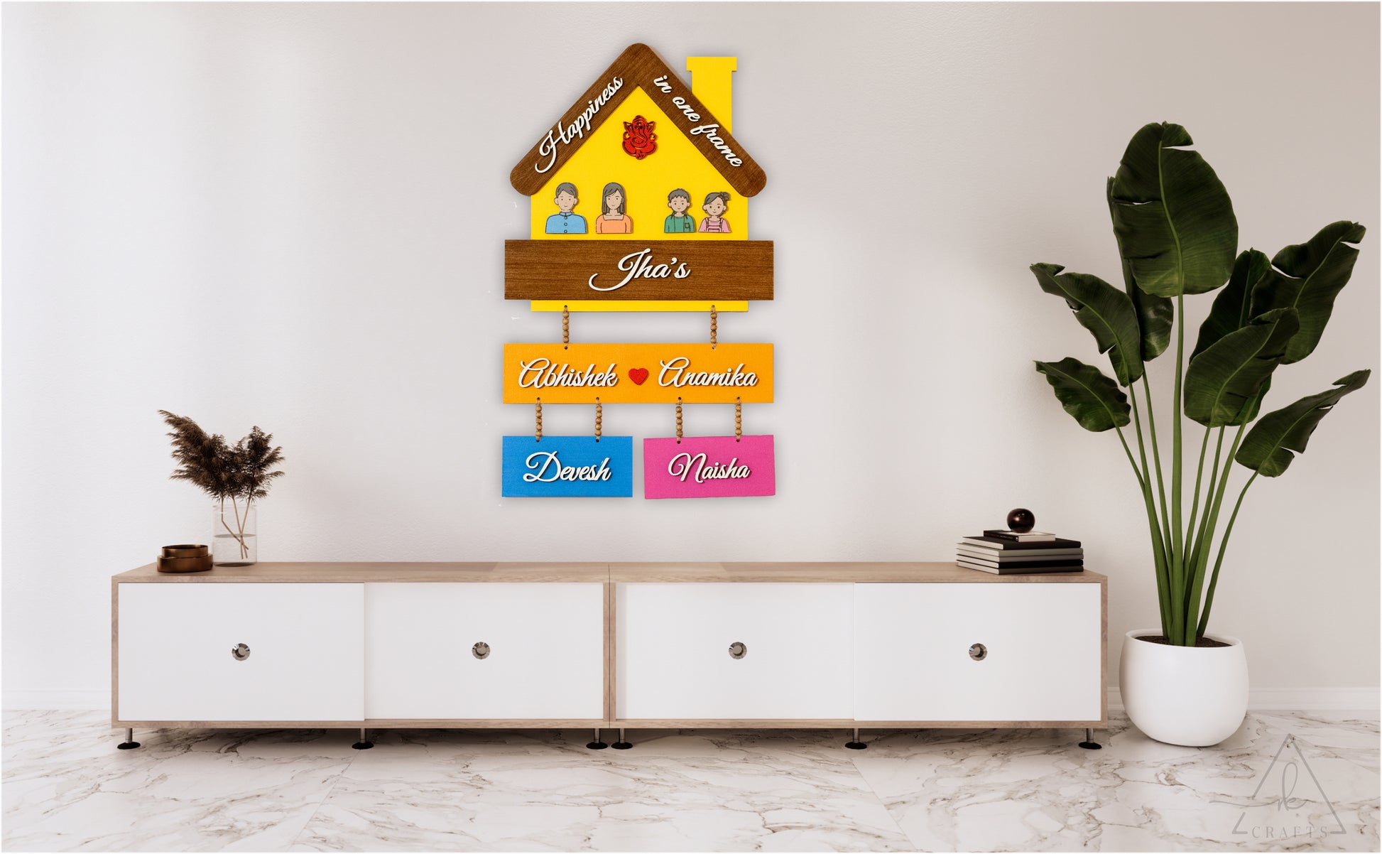 Back view of handcrafted wood nameplate showing built-in hidden mounting holes for easy wall installation.